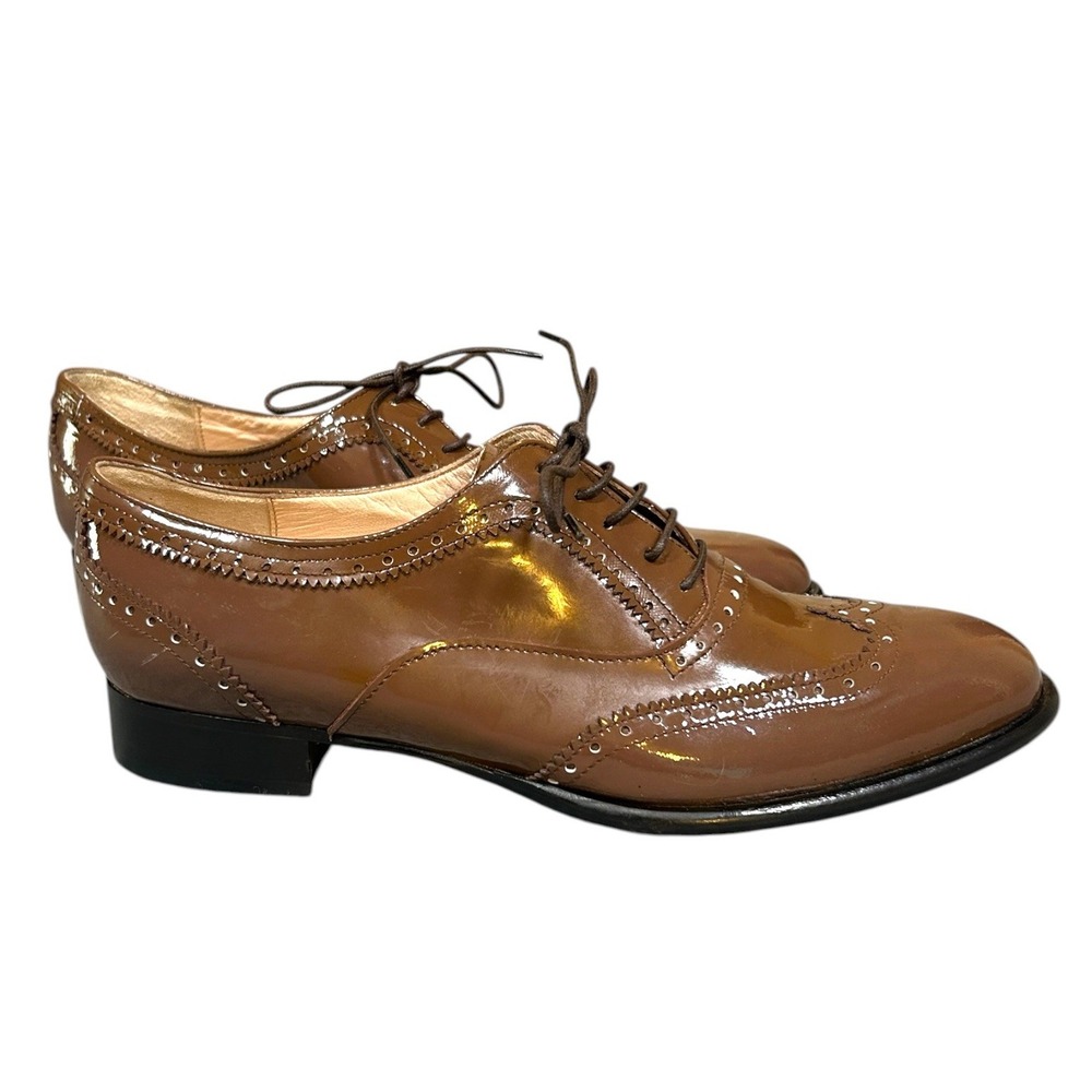 Gastone Lucioli Brown Leather Brogue Lace-Up Oxford Shoes Patent Glossy 6.5 37eu